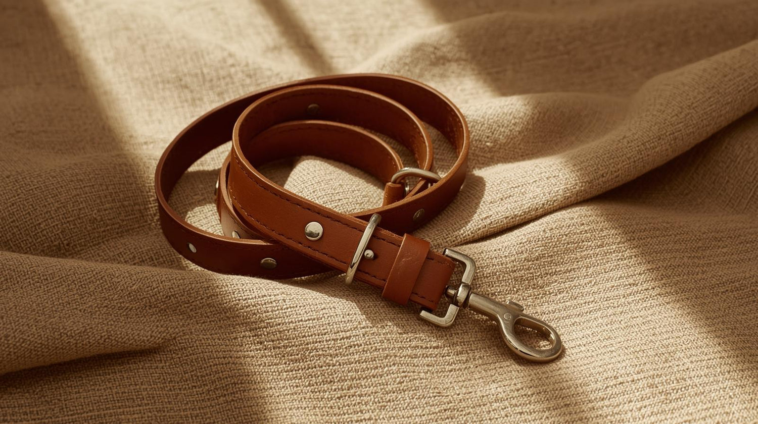 Leather dog leash in tan color on a beige linen fabric background, Walk & Explore collection by Animara.
