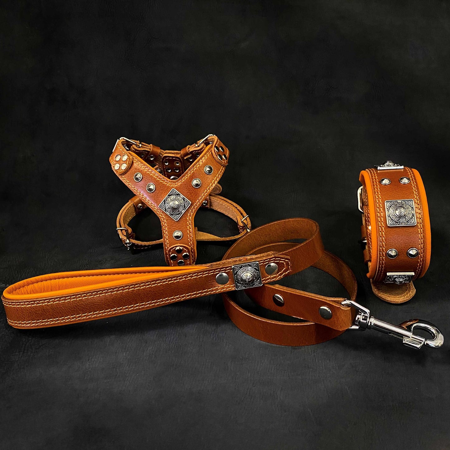 Eros Leather Set – Harness, Collar & Leash (Brown)