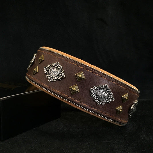 Aztec Brown Leather Collar – Silver & Brass Studs