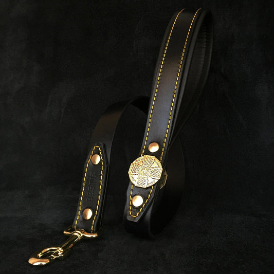 Maximus Leather Leash – Black & Gold